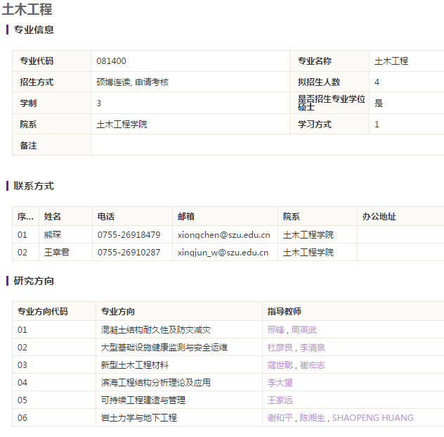 2019年深圳大学博士研究生招生土木工程专业目录